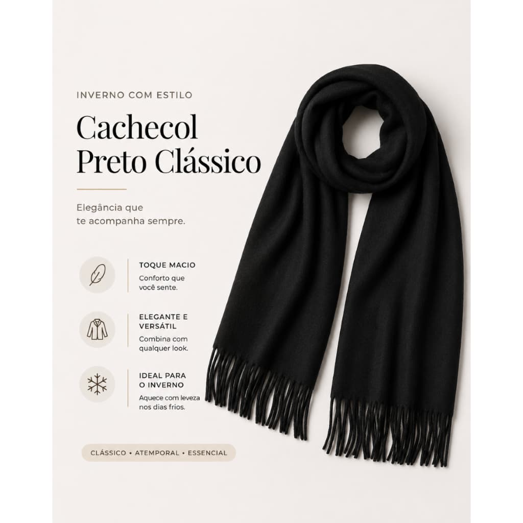 Cachecol Preto Feminino/Masculino com Franjas | Inverno | Toque Macio e Estilo Clássico