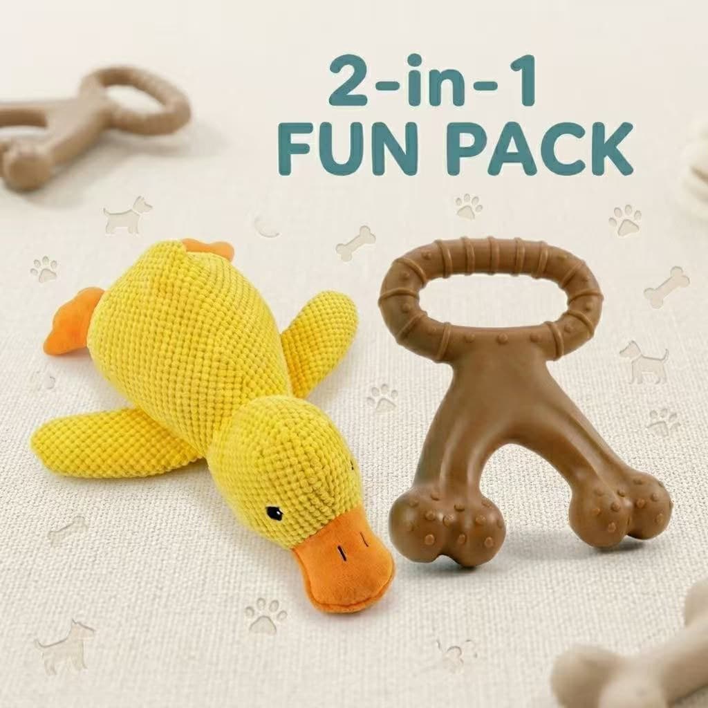 Kit Brinquedos para Cachorro e Gato – Mastigável Anti-Tártaro + Pelúcia com Som Resistente à Mordida