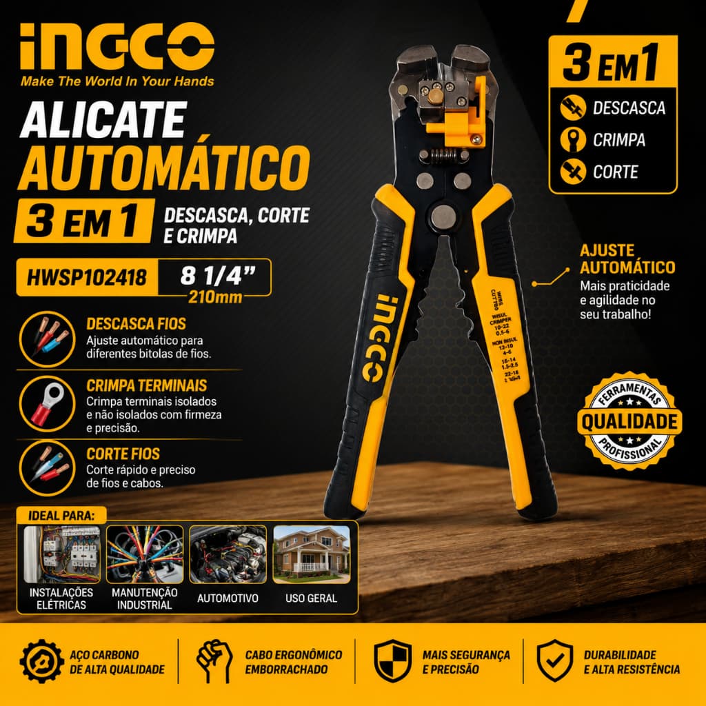 Alicate Automatico 3 Em 1 Ingco 8 1/4 HWSP102418