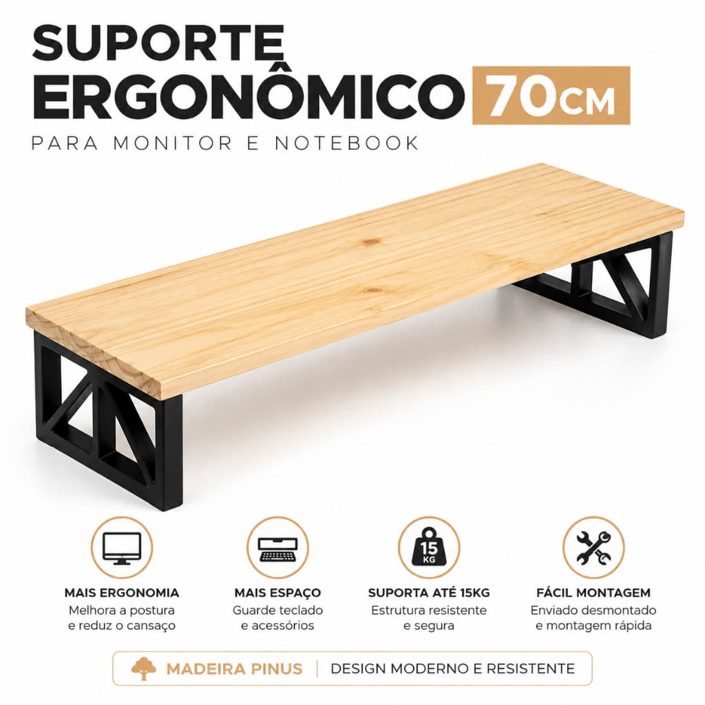 Suporte Monitor Ergonomico 70cm e 40cm Madeira Pinus Organizador Mesa