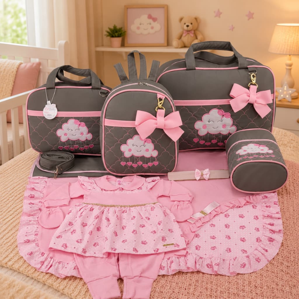 Kit Bolsa Maternidade Menina 5 Peças Nuvem + Saída Maternidade Cinza/Rosa - Opções Laços de Luxo