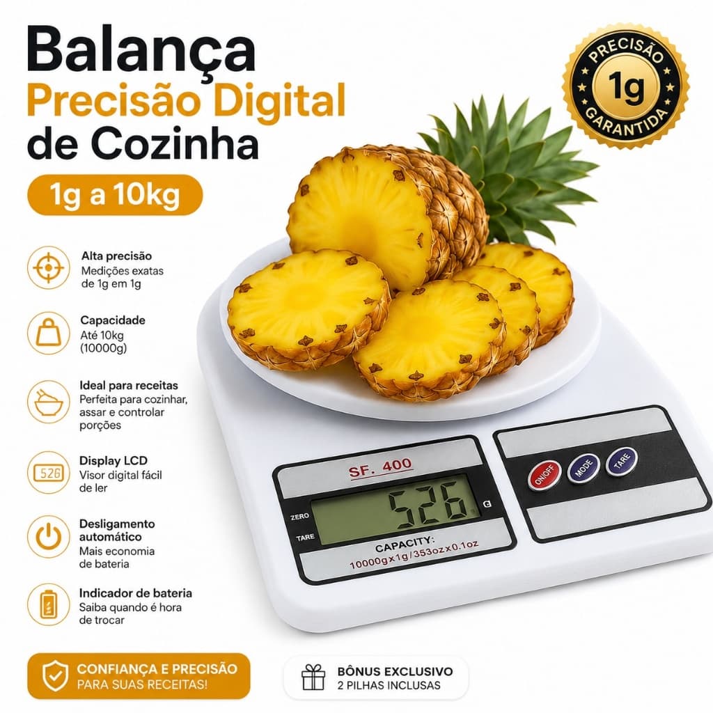 Balança Digital de Cozinha SF-400 Até 10kg Alta Precisão 1g Display LCD Profissional