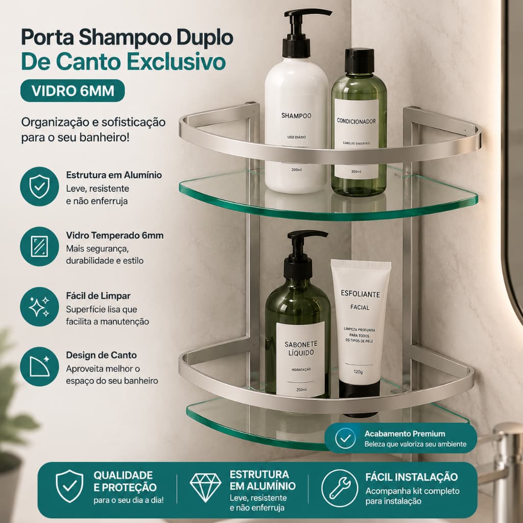 Porta Shampoo Duplo de Canto Vidro 6mm | Alumínio Premium Antiferrugem | Organizador para Banheiro