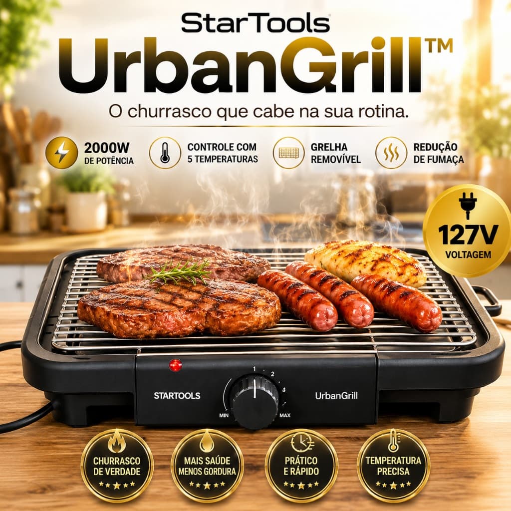 Churrasqueira Elétrica StarTools UrbanGrill 2000W Grelha Removível 5 Temperaturas S/Carvão 127V Preta