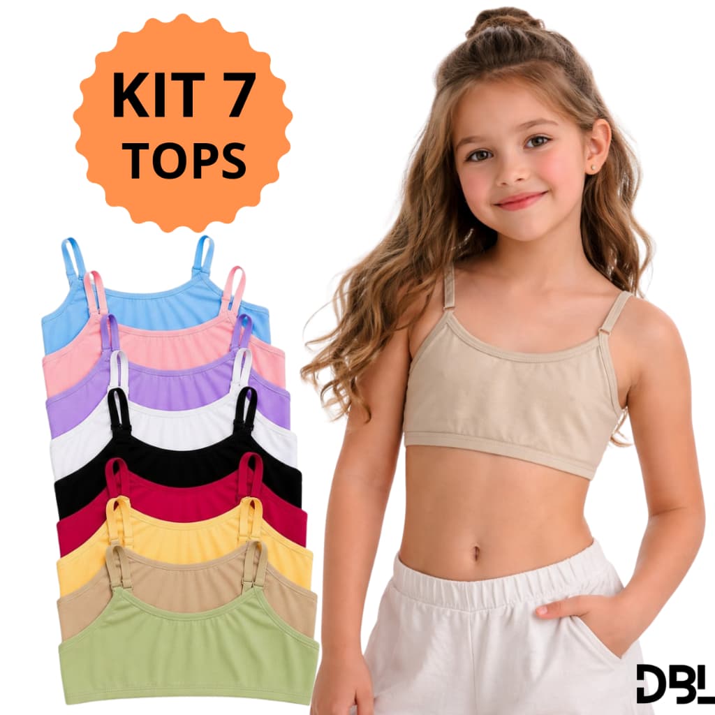 Kit 7 Top Infantil Juvenil Teen Menina Algodão Sutia Sem Bojo Alça Ajustavel Básico Usar Uniforme