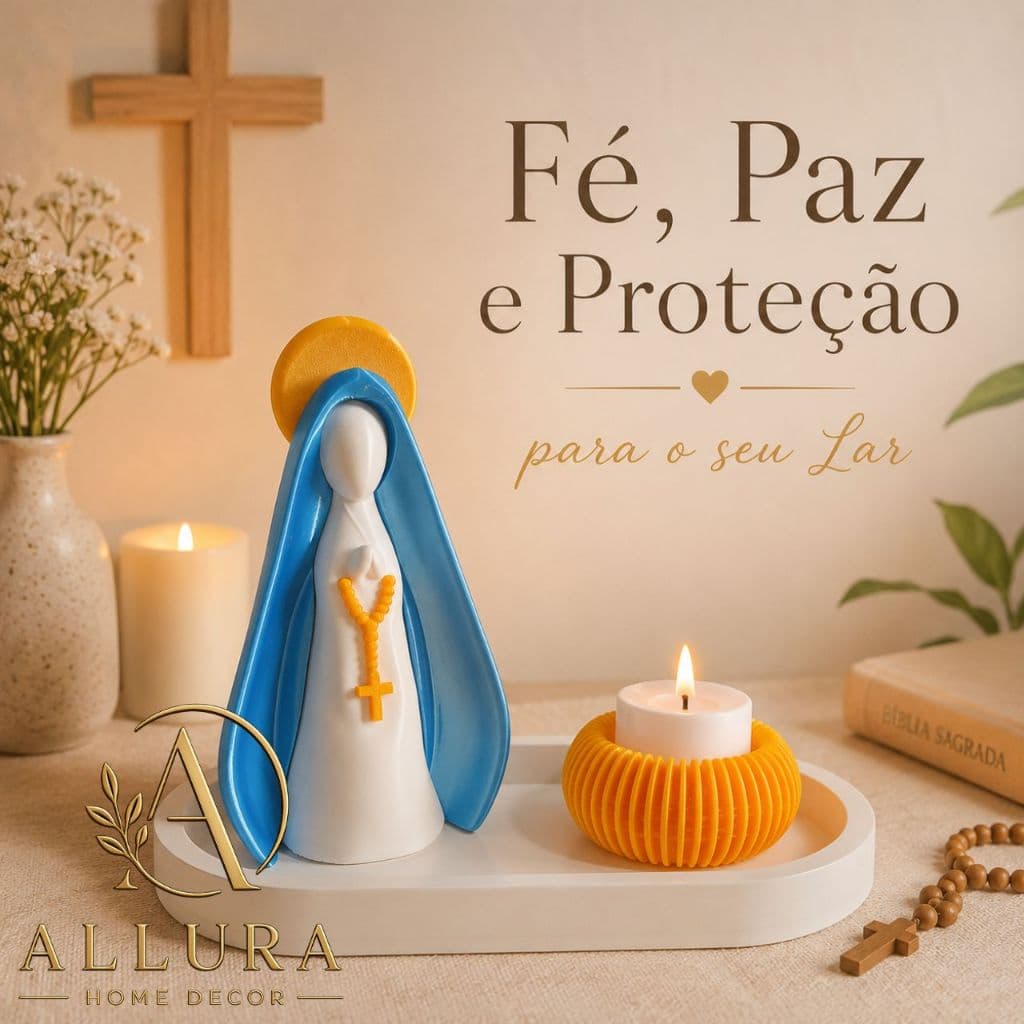 Nossa Senhora Kit Presente Oração Manto Azul Royal com Bandeja e Vela Led Minimalista