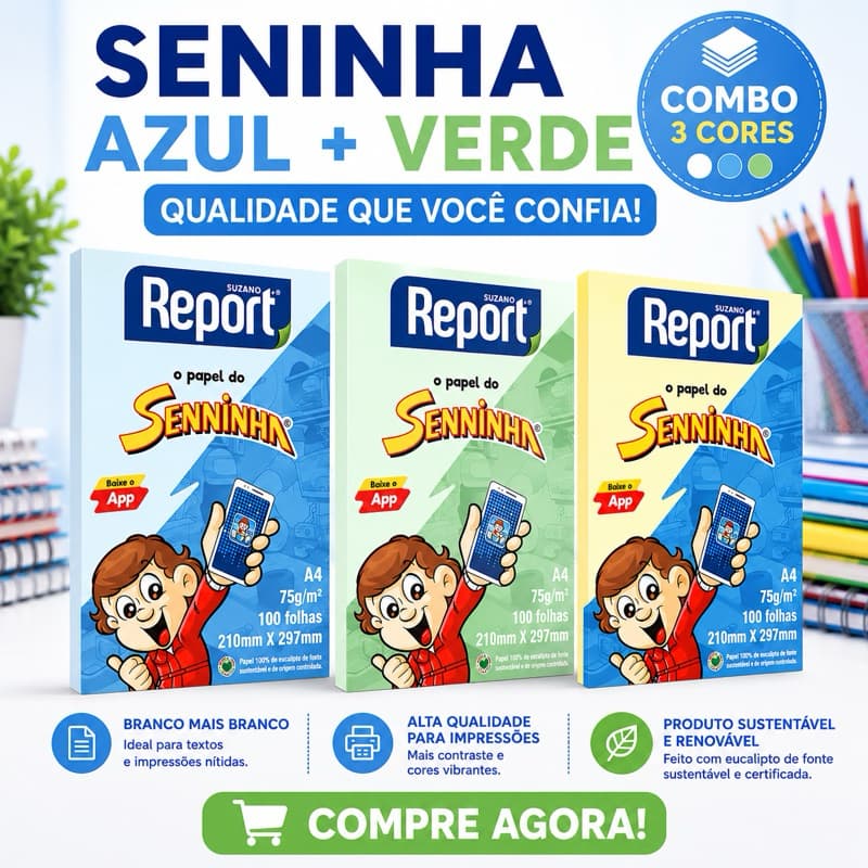 Kit 3 Cores Papel Sulfite A4 Senninha 75g – 300 Folhas – Uso Escolar e Profissional