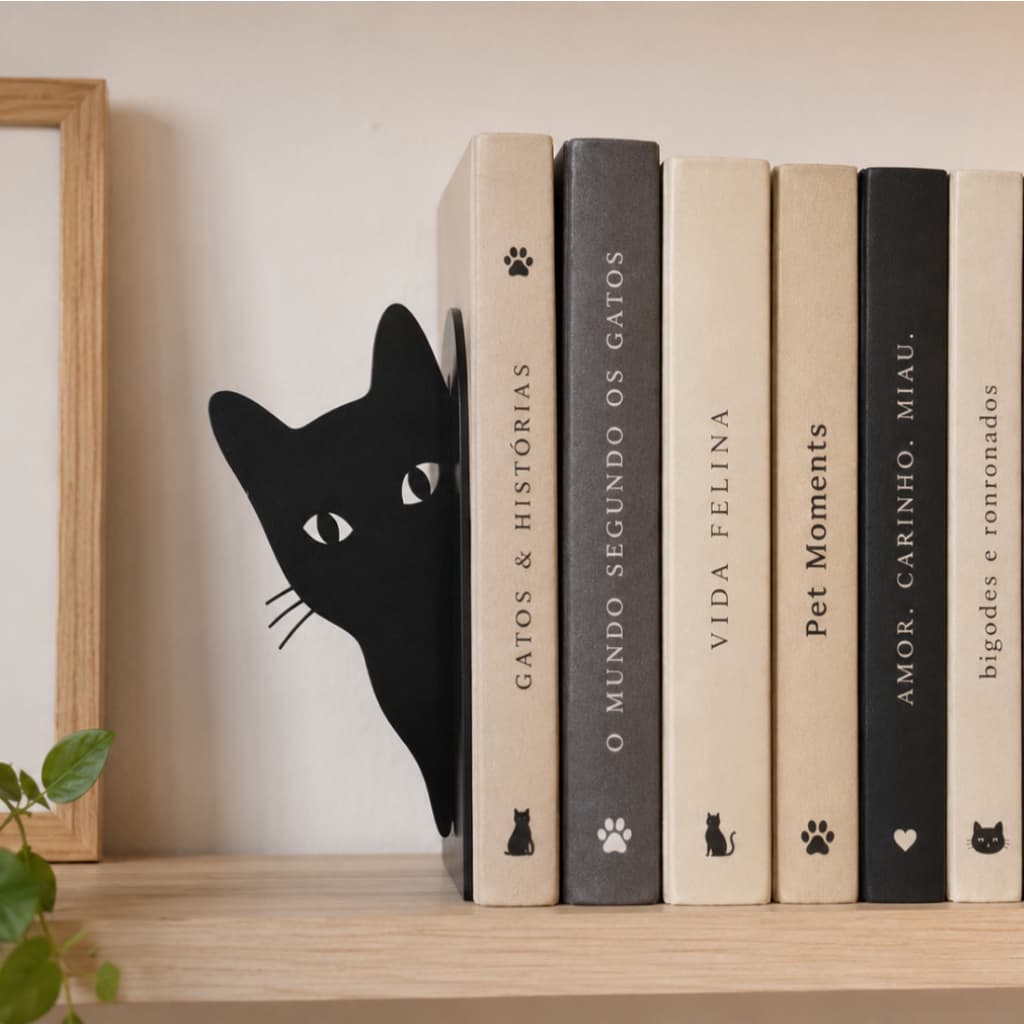 Aparador Livros Gato Gatinho Suporte Porta Preto Organizador Estante Escritório Minimalista
