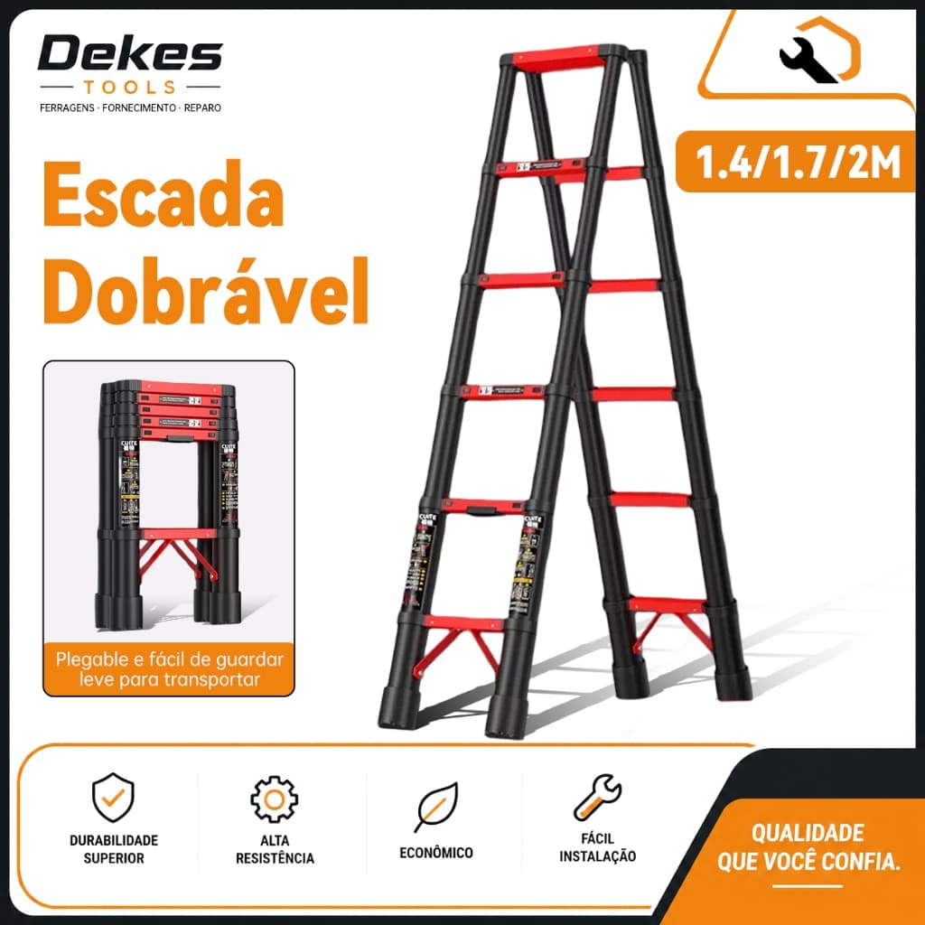 Dekes Escada Telescópica Reforçada 1.4/1.7/2 m Compacta para Residência e Construção