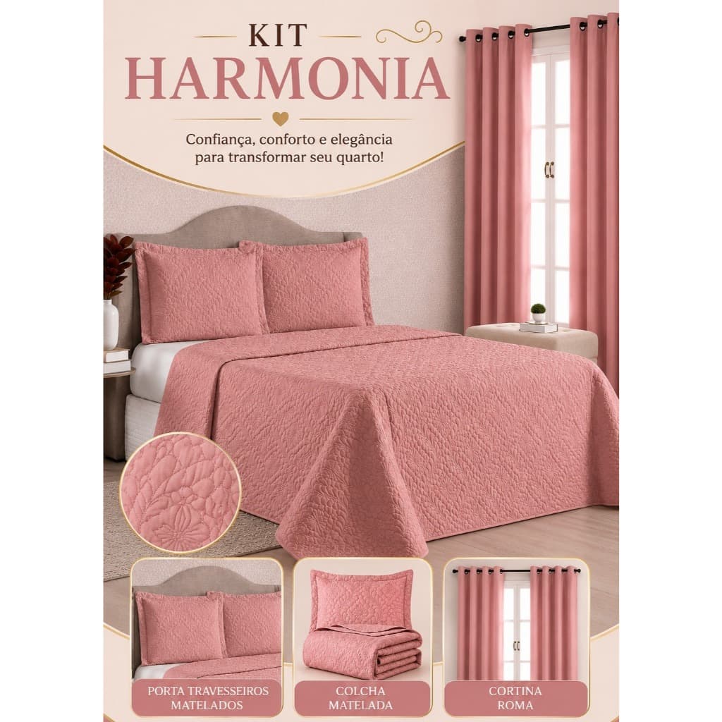 Kit Quarto Harmonia Matelado – Cobre Leito Premium + Cortina Roma 3M + Portas
