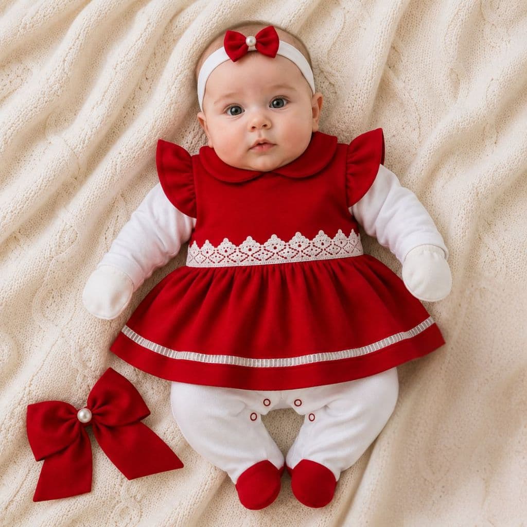 Kit Saída Maternidade 5 Peças Bebê Menina Lavinia Vermelho Luxo Enxoval Completo Para Rescem Nascido