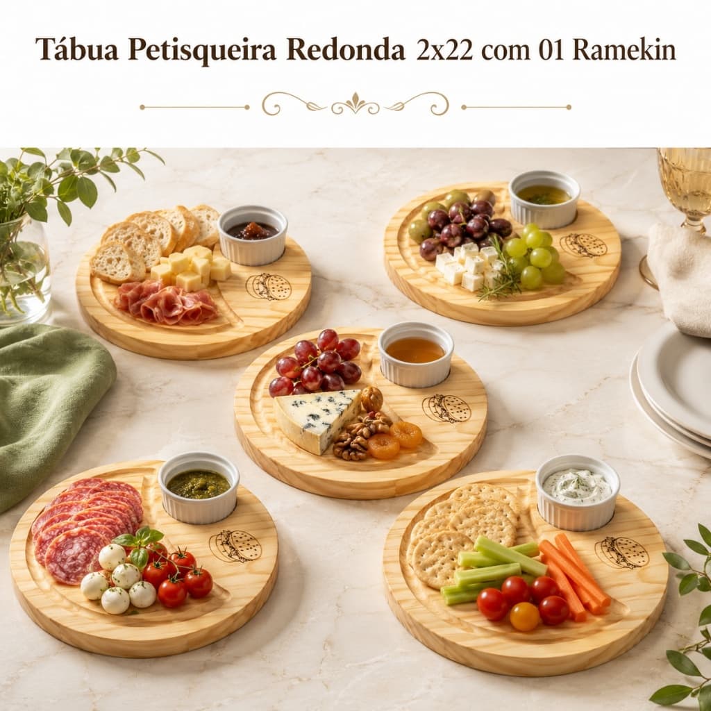 Kit Tábua Petisqueira em Pinus Redonda 2x22 com 01 Ramekin Ideal Para Petiscos Churrasco Porções Molhos