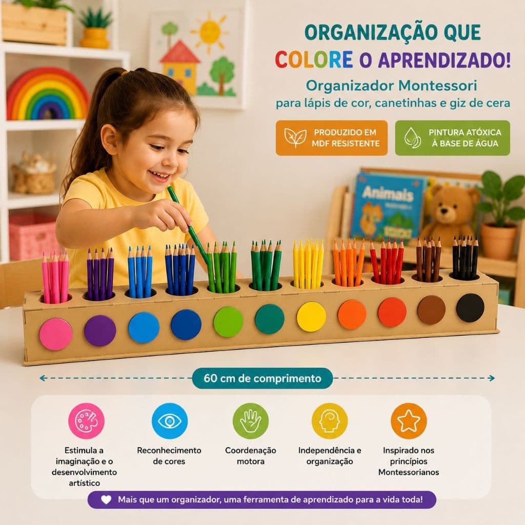 Organizador Lapis Montessori Canetinha Lapis de Cor Giz de Cera Escola Kids Brinquedoteca Infantil