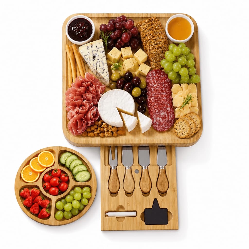 Lumai Tábua Queijos Frios Bambu Gaveta Kit Facas Inox Potes Cerâmica Petisqueira Charcutaria