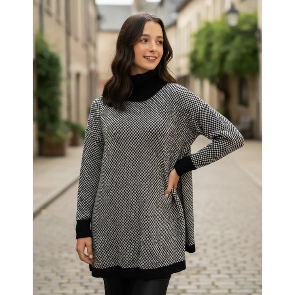 Poncho Xadrez Moda Inverno Blusa de Frio Elegante Gola Alta