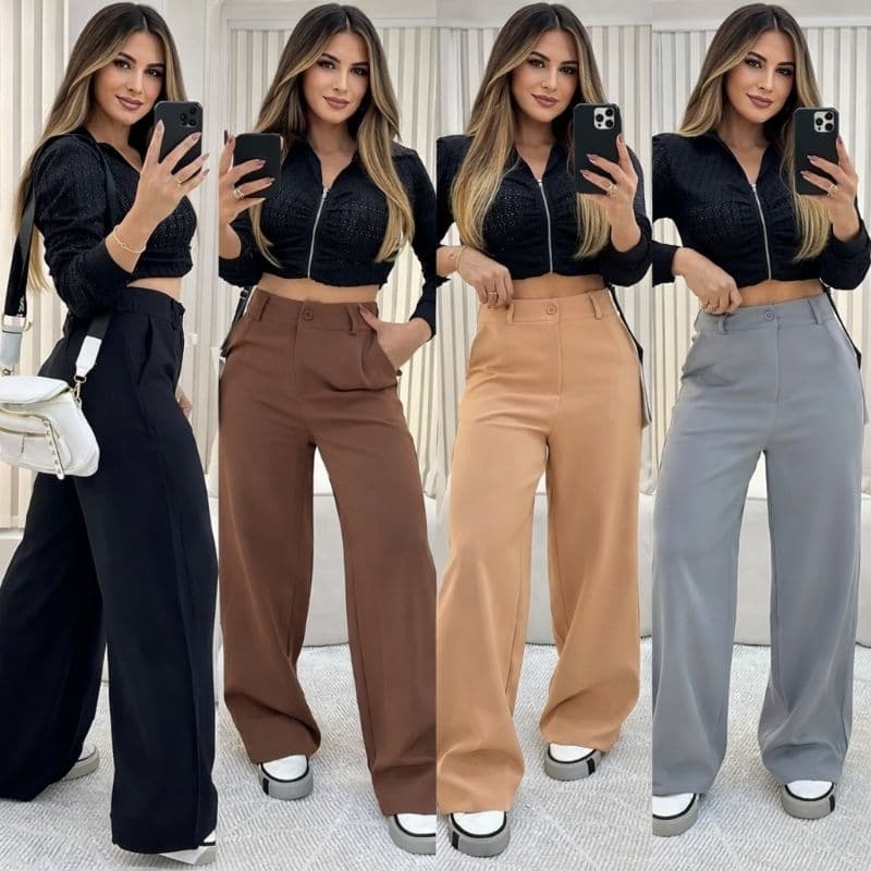 Calça Pantalona Alfaiataria Feminina Premium Cintura Alta Com Bolso eh botão
