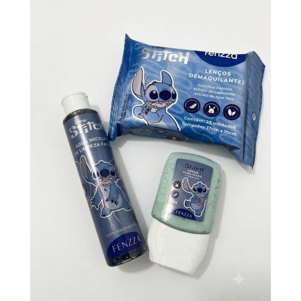 Kit Stitch Fenzza Completo – Lenço Demaquilante + Água Micelar + Creme para Mãos