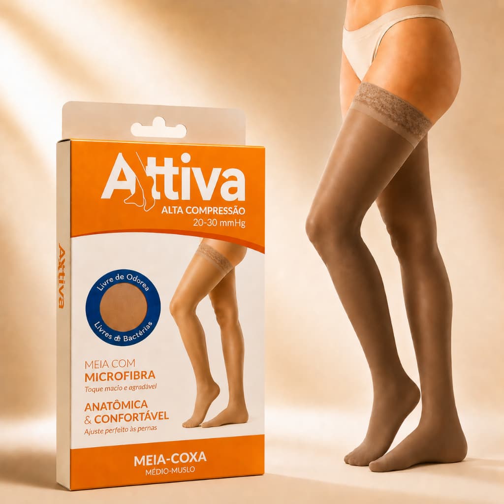 Meia coxa 7/8 Alta Compressão 20-30mmHg Attiva Ponteira Fechada Cor Natural Escura