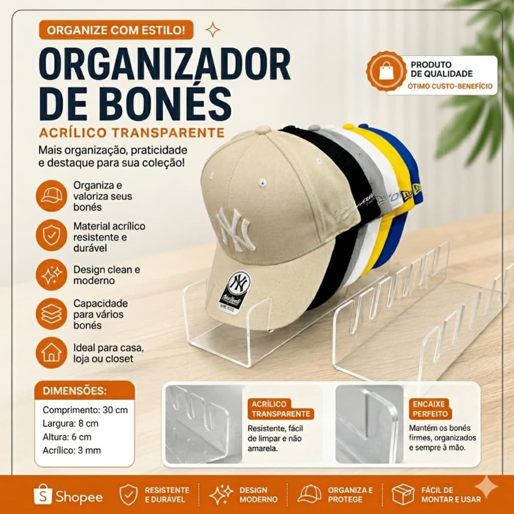 Suporte Bonés Acrílico Organizador 7 Bonés Expositor Boné Closet Guarda Roupa Prateleira KIT 1/2/3 UNIDADES