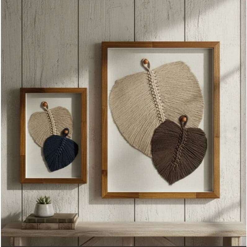 Kit 2 Quadros Decorativos Folhas Em Macramê Com Moldura Betume I Premium Artesanal