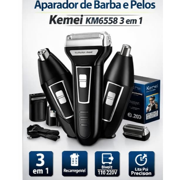Aparador de Barba e Pelos Barbeador 3 em 1 Recarregável Bivolt (KM6558)