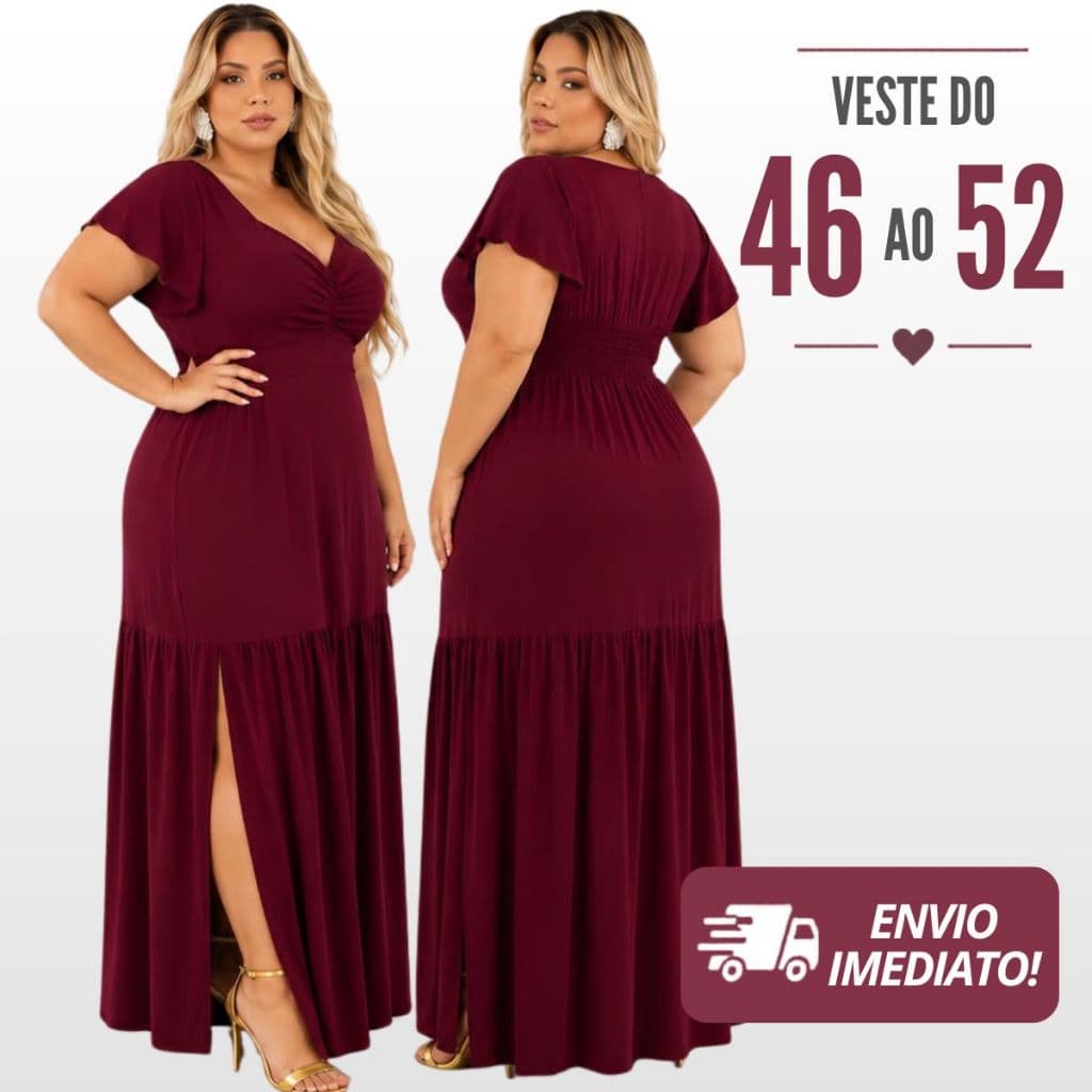 Vestido Longo Plus Size Moda Maior Crepe Dunas com Lastex | Fenda Lateral | Manga Fluída | Elegante, Sofisticado, Casual