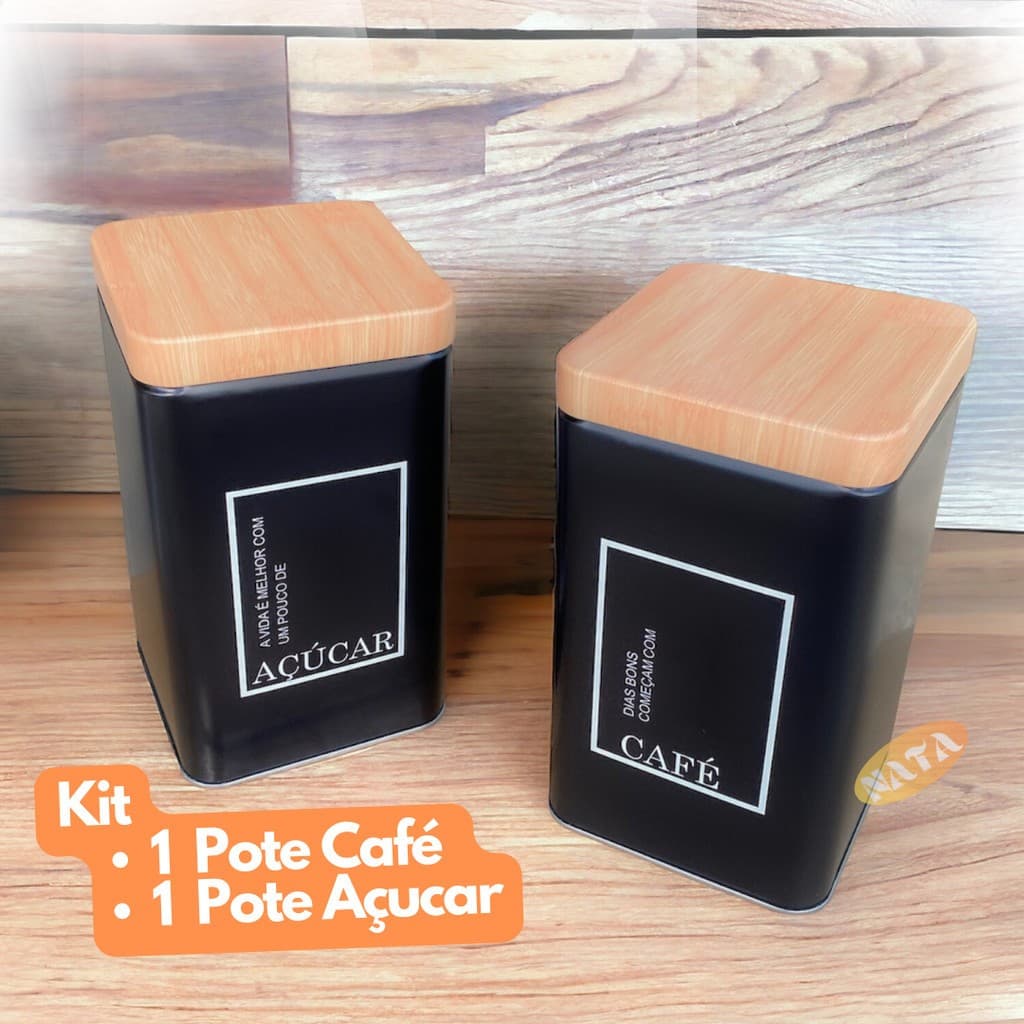 Kit 2 Porta Café e Açúcar Hermético Tampa de Bambu Metal Preto Organizador de Cozinha Pote Mantimentos