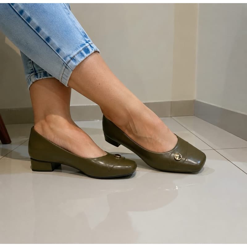Sapato Retrô verde Militar bico quadrado 0riginal salto baixo confort
