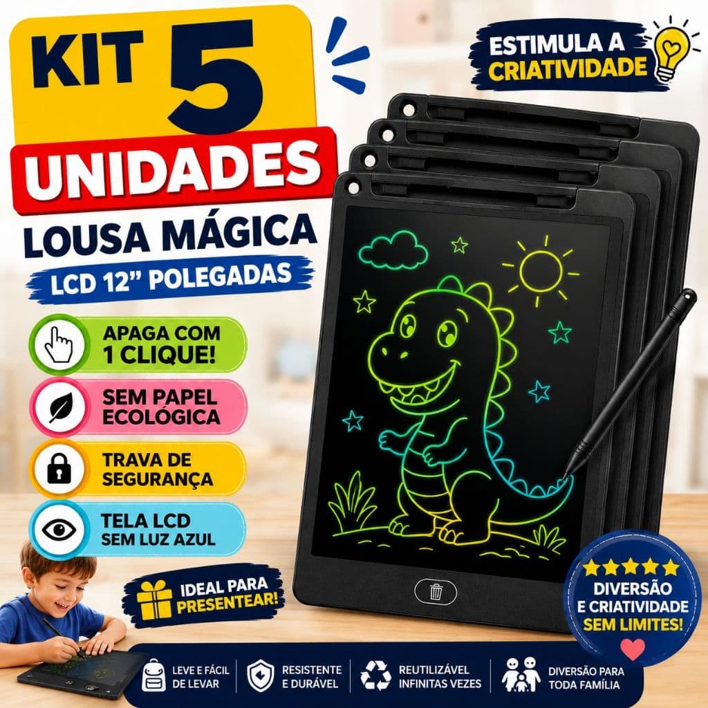 Kit 5 Lousa Magica LCD Infantil Tablet Digital Tela 12 Polegadas Desenhar Escrever Pintar Lousas Led