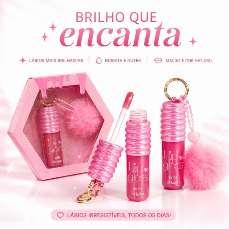 Gloss Labial Rosa com Chaveiro Pompom em Caixa Presente Kawaii Fofo Feminino Maquiagem
