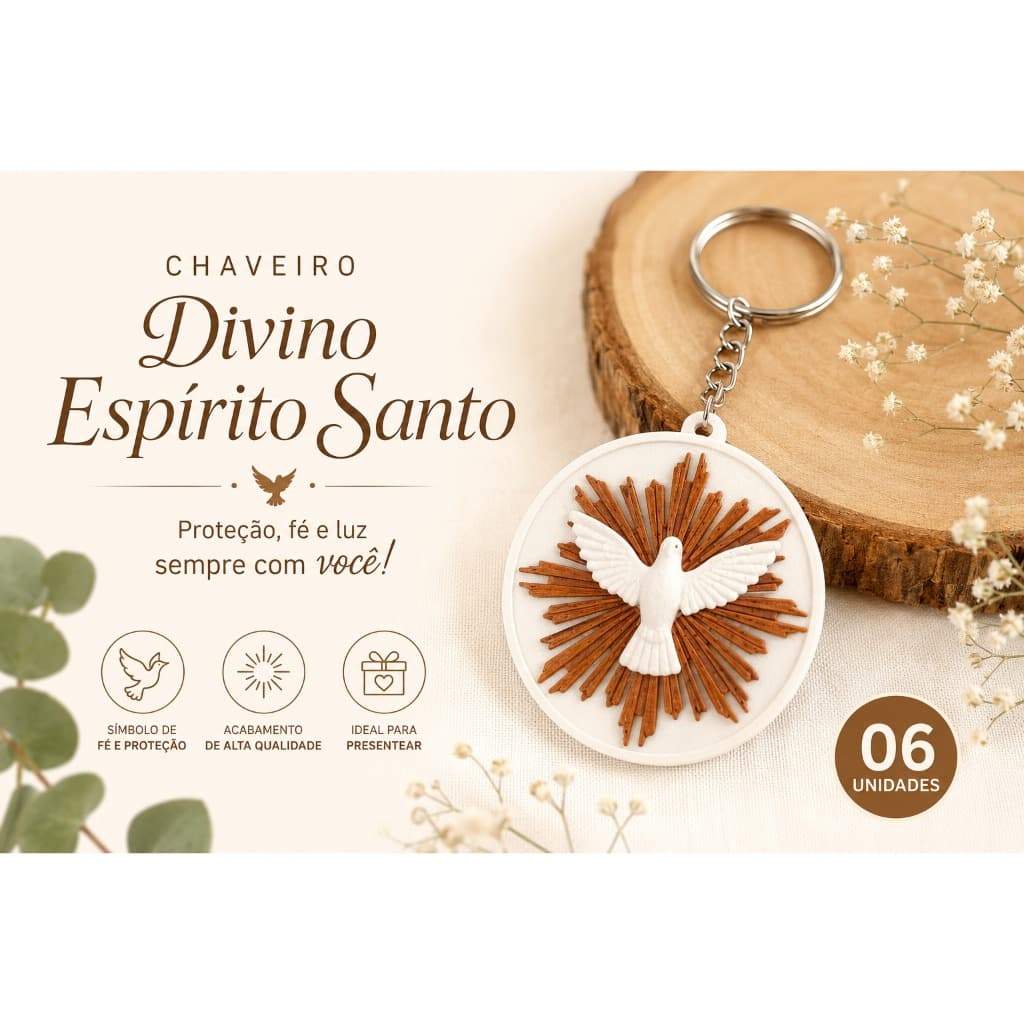 ✨ Chaveiro Divino Espírito Santo – Fé, Proteção e Luz ✨ 6 unidades