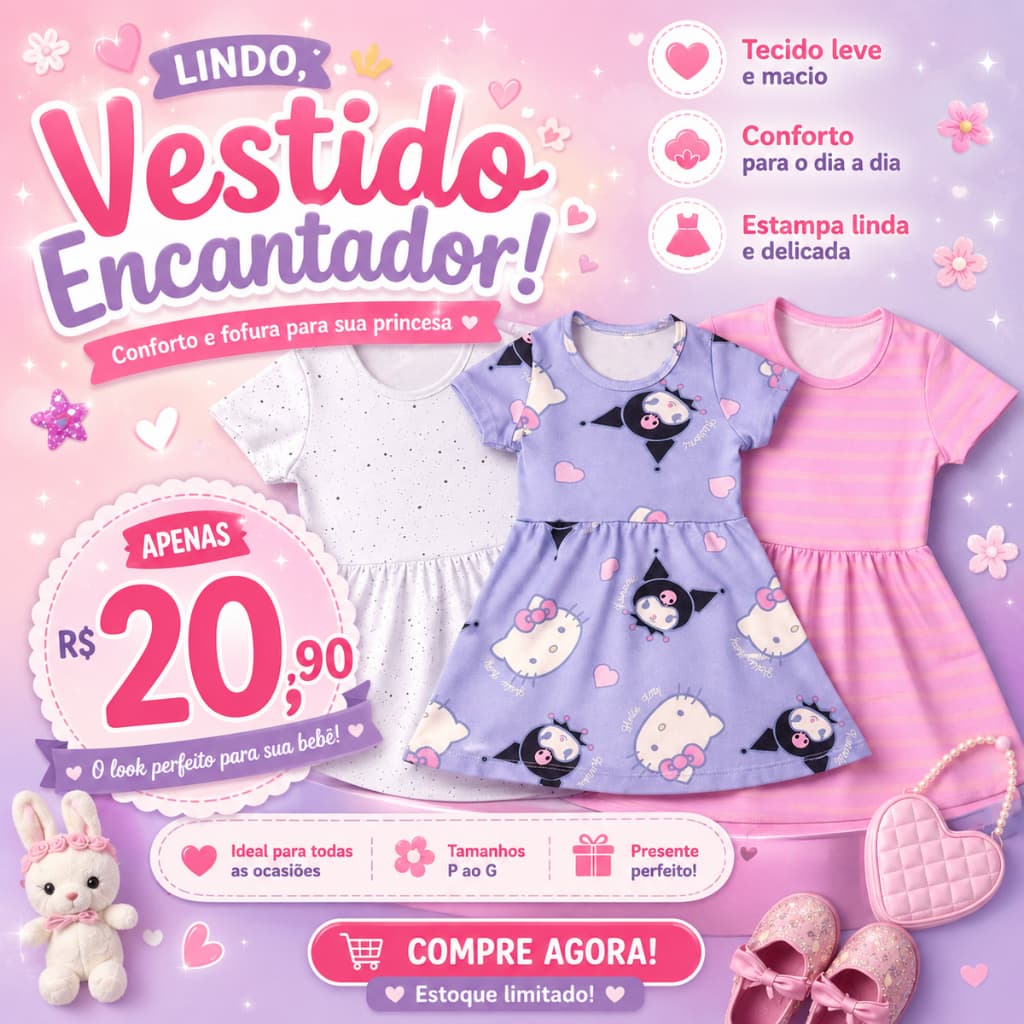 Vestido Bebê Manga Cotton Estampado 1 a 2 anos