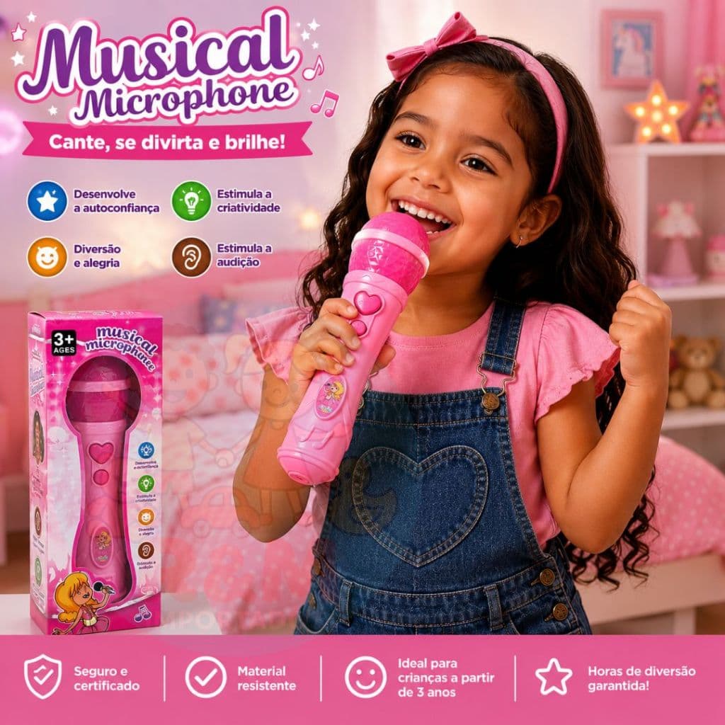 Brinquedo Microfone Infantil Sai a voz e Musical Karaokê Rosa Menina