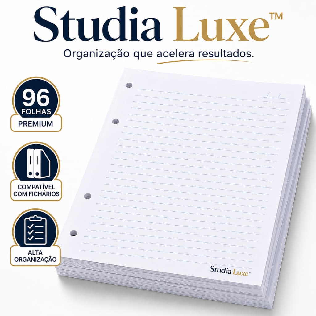 Refil Fichário 96 Folhas Pautadas com Furos Organizador Escolar Universitário ÉliteNotes™