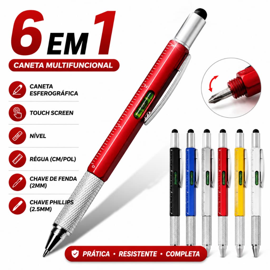 Caneta Esferográfica Multifuncional 6 em 1 com Régua Chave de Fenda Nível Bolha e Stylus Papelaria