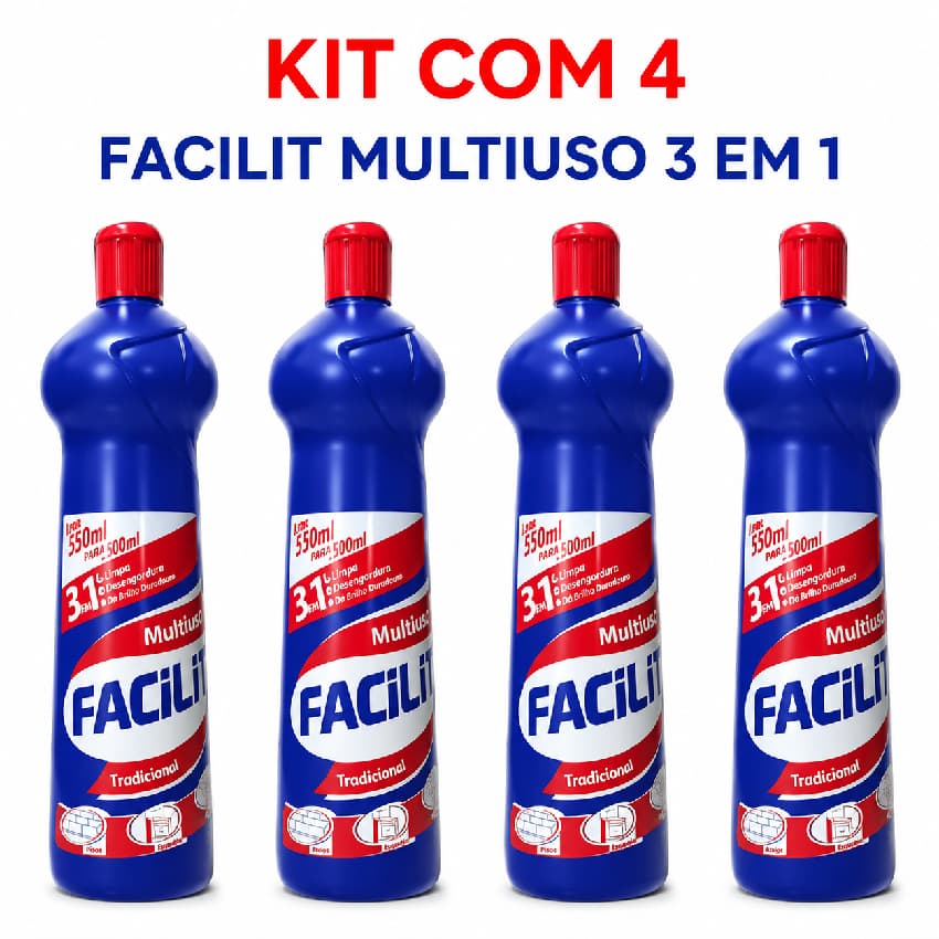 Kit 4 Limpador Multiuso Facilit 500ml Floral e Tradicional Limpa Cozinha Móveis Pedras e Banheiros