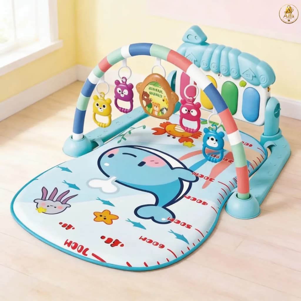 Tapete Bebê Multissensorial Azul Piano Som Musical Removível Arco Móbile Estimulo Recém Nascido
