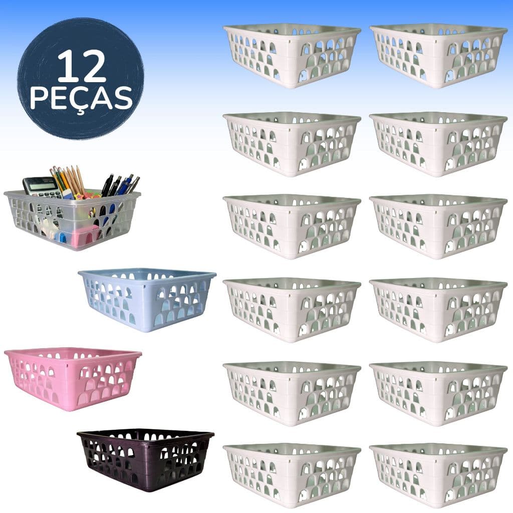 Cesto Organizador Kit 12 Peças 20x16x6cm Medio Branco Azul Transparente Rosa Preto