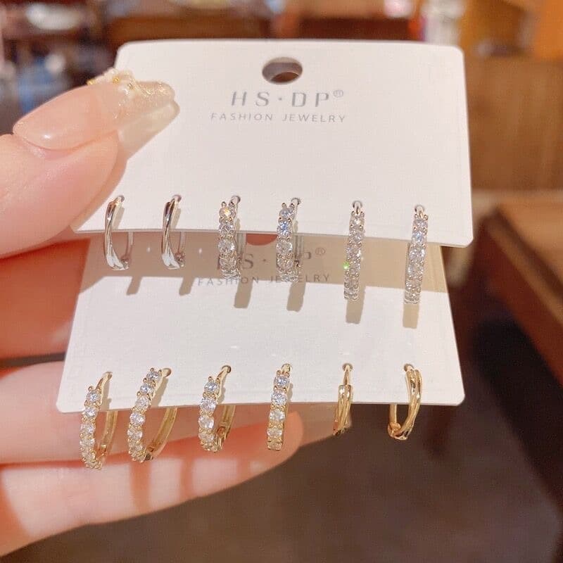 Brincos Argola em Aço Inoxidável Dourado com Zircônias – 3 Pares, Não Desbotam