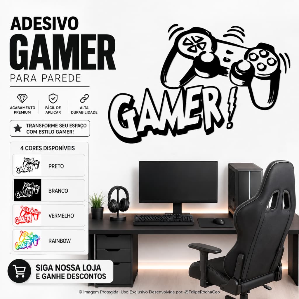Adesivo Gamer Controle Para Parede Quarto Setup 4 Cores Vinil Recortado Fácil Aplicação Premium Luxo