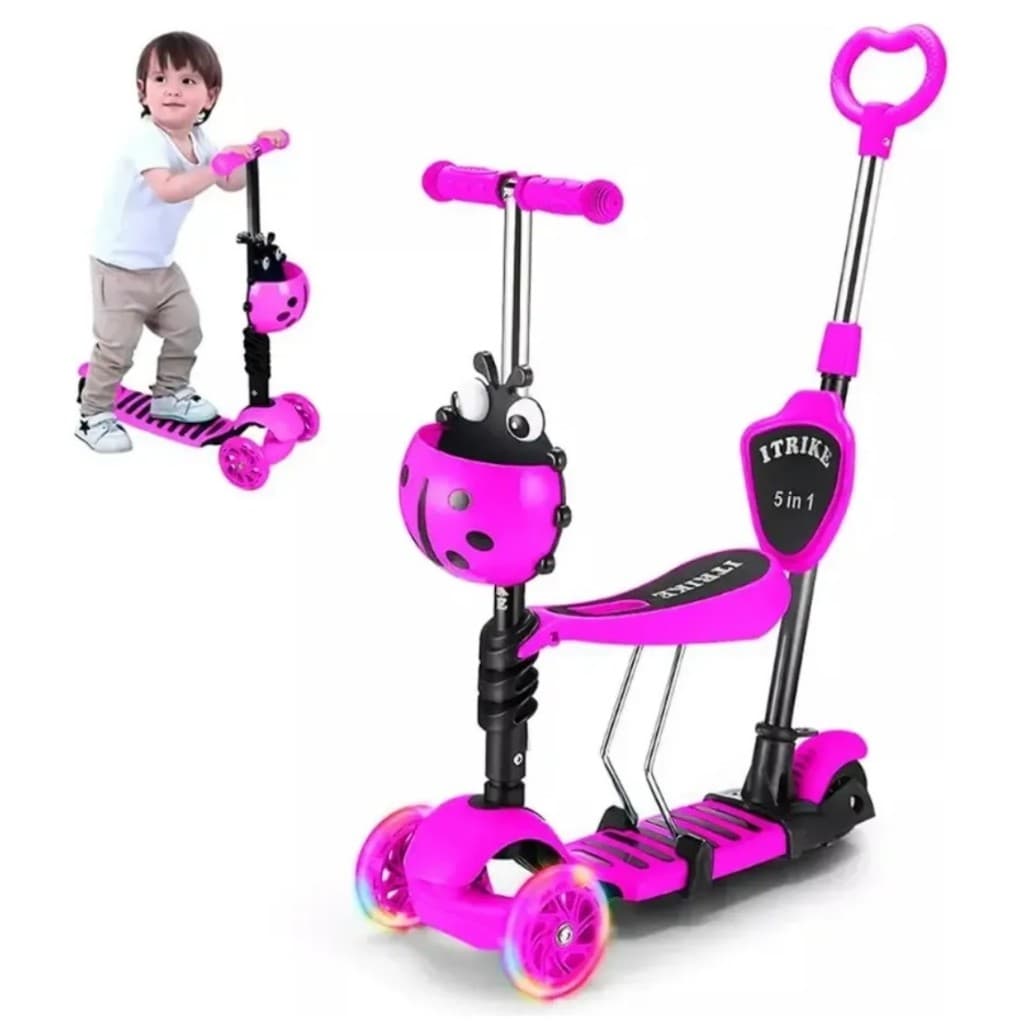 Patinete Infantil Scooter Joaninha 2 em 1 Dobrável 3 Rodas com Empurrador LED Banco Altura Ajustável