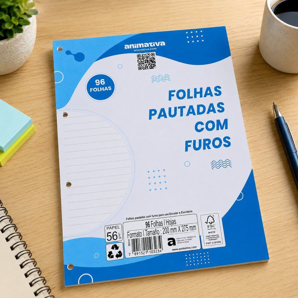 folha pautada 96 folhas com furos para fichário refil papelaria animativa anotações caderno argolado
