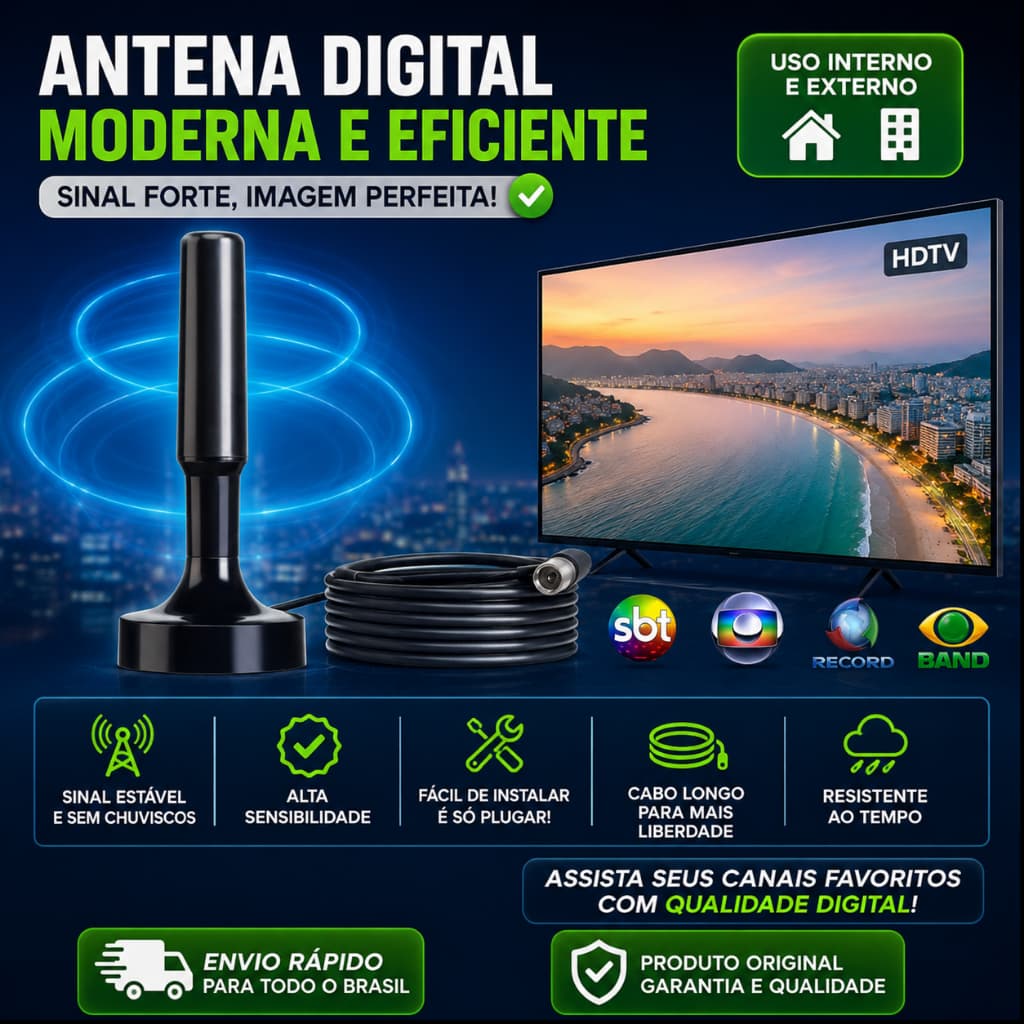 Antena Digital Tv Amplificada Interna e Externa 2 Metros Base Imã Prova d'água 4DBI HDTV/UHF/VHF