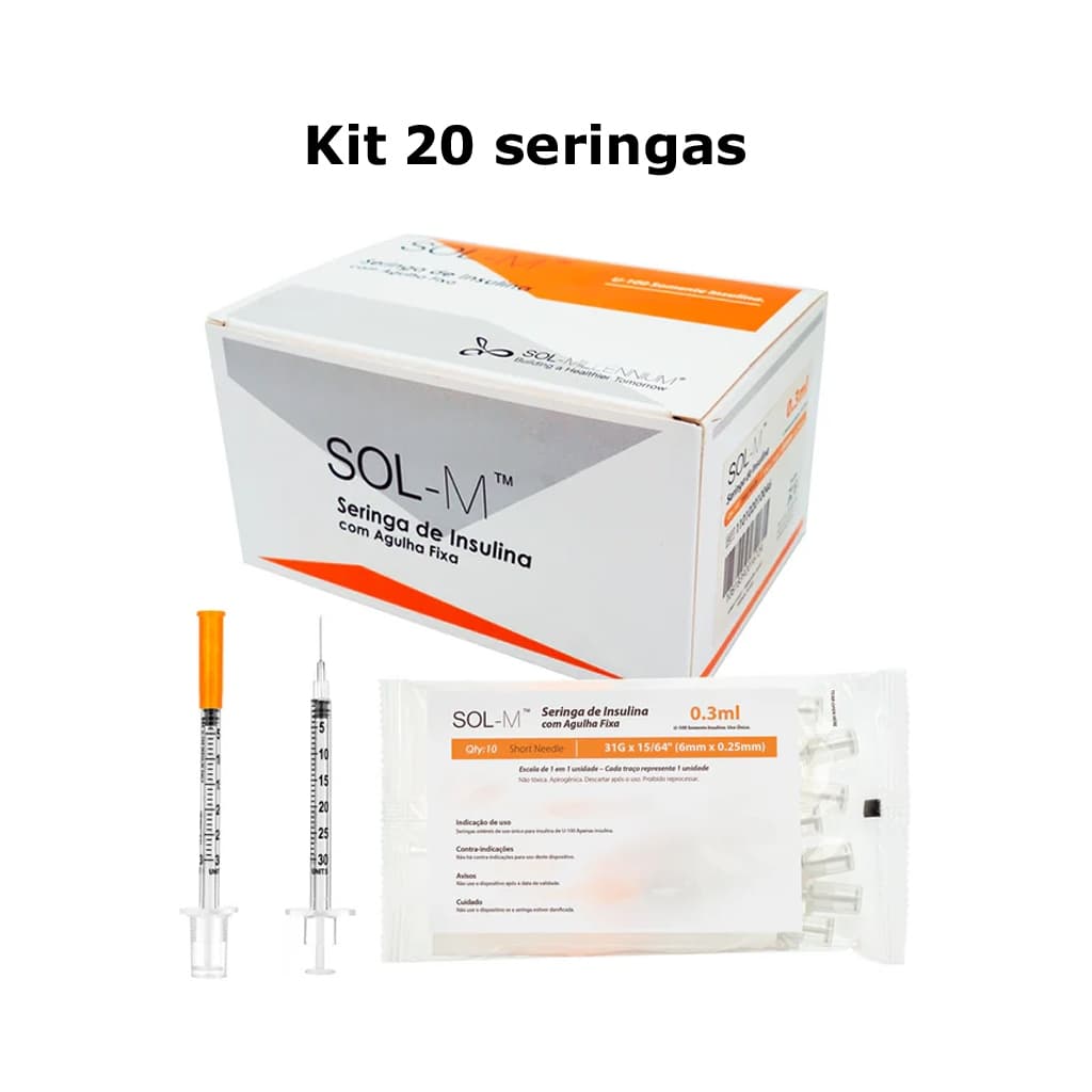 Seringa Insulina Sol Millenium 0,3ml (30ui) Agulha Curta Fixa (6x0,25mm) Sol-M  ** Kit C/20 Seringas**