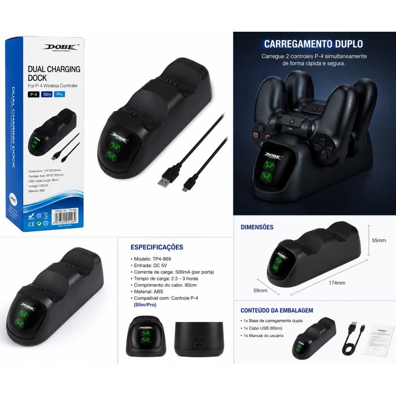 Carregador Duplo para Controle PS4 - Carregamento Simultâneo e LED Indicativo