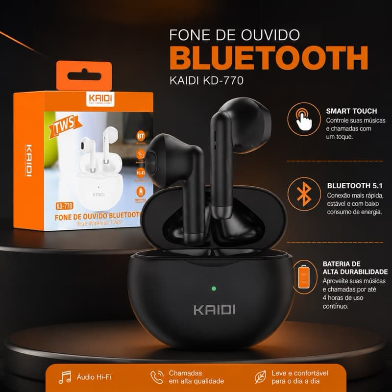 Fone Kaidi 770 Bluetooth 5.1 Preto Sem Fio