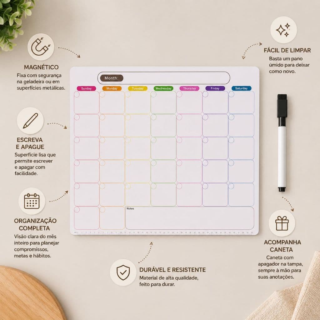 Calendário Magnetico Quadro Mensal Ima Organizacao Apagavel Grande com caneta