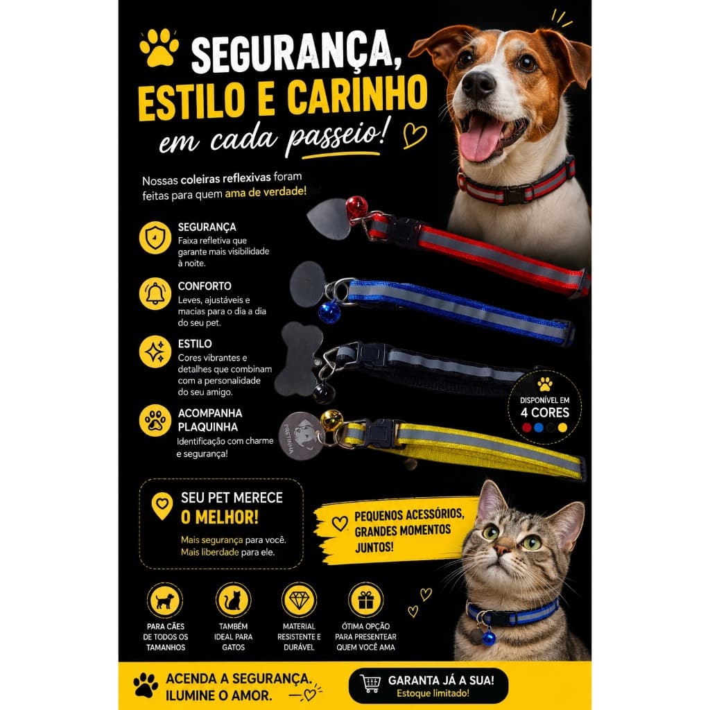 Coleira Refletiva Premium para Cães e Gatos com Plaquinha em Aço Inox Personalizada | Guizo | 4 Cores | Tamanho Único 30