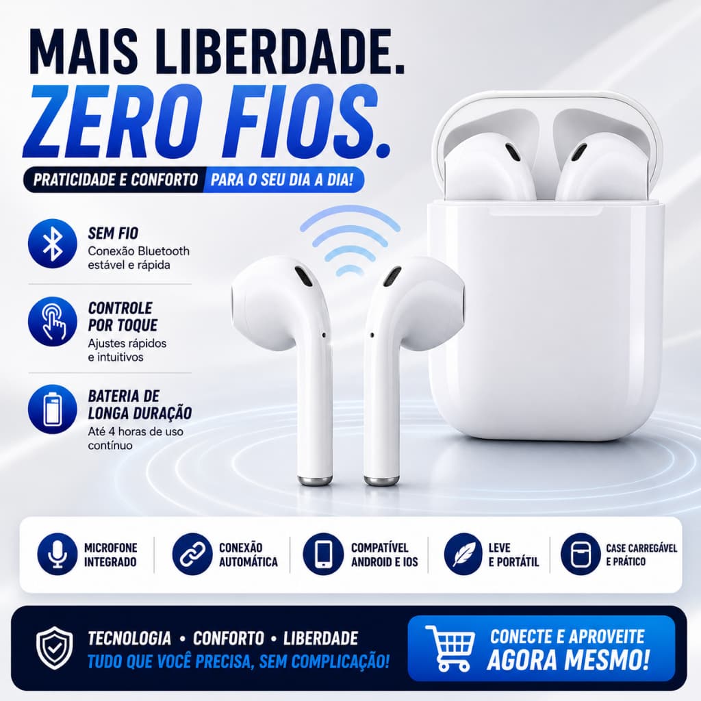 Fone De Ouvido Bluetooth 5.0 Sem Fio i12 Branco TWS Com Touch Portátil  Recarregável Leve