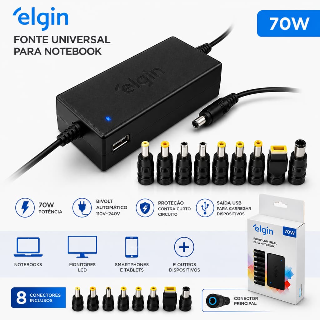Fonte Universal para Notebook Elgin 70W – 8 Conectores FT02